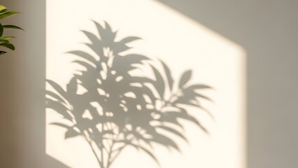 Shadow Play: The leaves of a vibrant plant cast intricate shadows on a neutral-toned wall, creating a captivating dance of light and form. This image evokes feelings of tranquility and simplicity