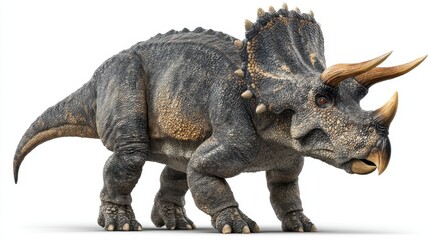 Fototapeta premium A triceratops model stands in a dynamic pose highlighting its prominent horns and textured skin. The scene is brightly lit and captures the details of this dinosaur's appearance.