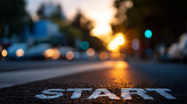 Happy start of year symbolizing new beginning heavily defocused sunset road background word written on asphalt planning and challenge career path business strategy opportunity