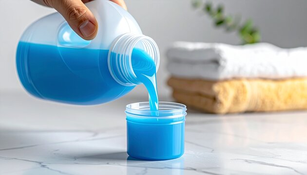 Close-up of liquid laundry detergent being poured from a bottle into a measuring cap on a light grey marble table. Clean household and laundry concept with modern, minimal style.