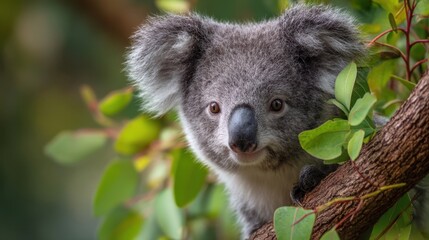 Obraz premium A koala is seen sitting on a tree branch in an Australian forest. The koala's face is visible and vibrant green leaves surround it in the daylight. The setting is natural and lively.