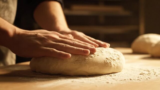 Close up of hands kneading fresh dough for artisan bread on a wooden table