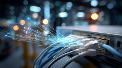 Network panel switch and cable in data center heavily defocused background macro shot with augmented reality ethernet cables connected to router ports virtual graphics showing