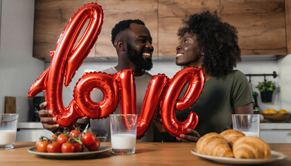 Happy valentine day couple sharing a joyful moment with love decoration and a delightful breakfast spread on the table
