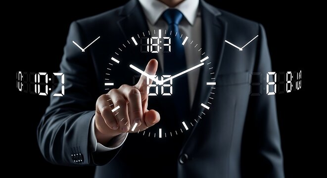 Businessman touching a futuristic digital clock interface with glowing numbers. - Powered by Adobe