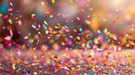 Confetti in various colors is falling and covering the ground during a celebration in a park. People are enjoying themselves and celebrating on a bright day.