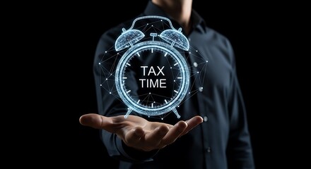 Digital Alarm Clock Displaying Tax Time Concept with Businessmans Hand.