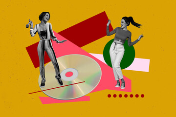 Trendy poster art collage of two happy girl guy dance together weekend occasion cd disk melody playlist listen meloman holiday