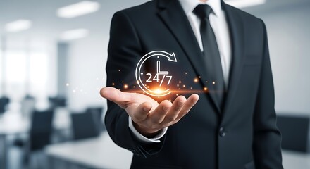 247 Customer Service Support Icon Hovering Over Businessmans Hand.
