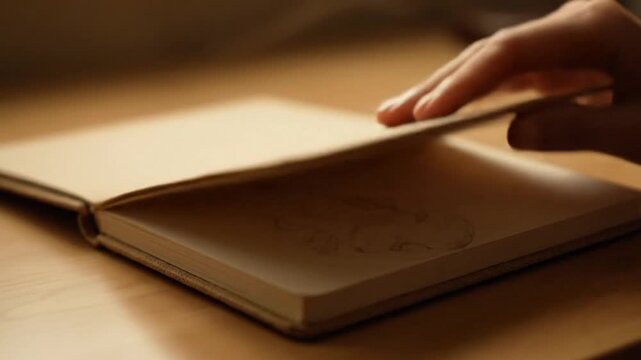 Artist's sketchbook open on wooden desk with faint pencil sketch
