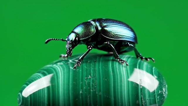 Glistening iridescent beetle perched atop vibrant green malachite stones