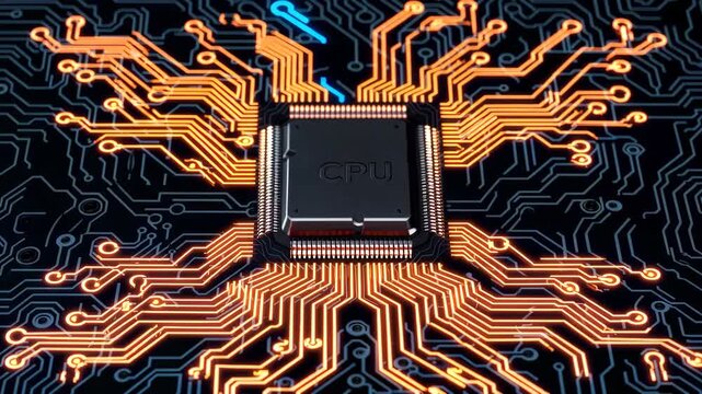 A vibrant depiction of a cpu on a circuit board, featuring glowing, intricate lines representing electrical connections. the image emphasizes advanced technology, innovation, and digital communication