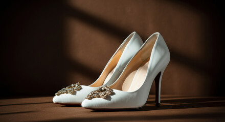 White high heels with decorative brooches on wooden surface under warm light