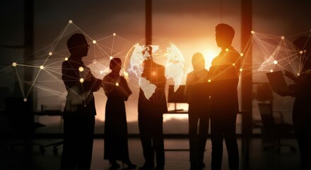 Business team silhouettes linked by network lines around glowing globe at dusk