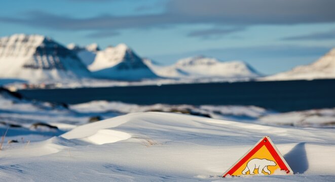 Polar bear crossing sign stands in a snowy landscape with distant mountains - Powered by Adobe