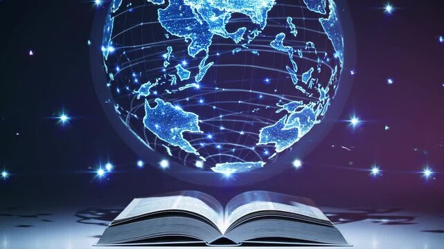 A holographic digital world map hovers above an open book, symbolizing the merging of traditional knowledge with technological advancement. the glowing blue globe intricately displays continents, evok