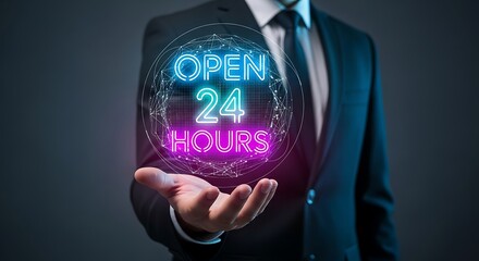 Man in Suit Holding Open 24 Hours Neon Sign in Hand.