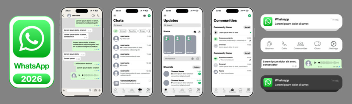 WhatsApp 2026 mobile interface showing chat bubbles chats list status updates voice chat video calls communities notification center and bottom navigation bar