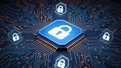 Blue computer chip with white padlock on circuit board background with orange and blue lines and smaller padlock