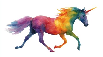 A unicorn moves across a plain background. Its body displays bright colors in a blend of shades. The mane and tail flow with rainbow hues while the unicorn appears lively.