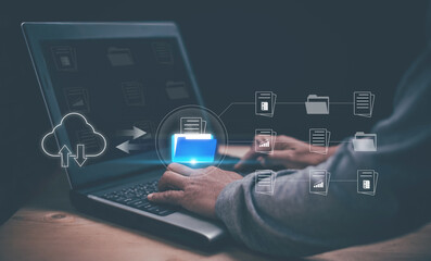 Digital file management and cloud storage concept. Secure document transfer, data organization, and online backup technology. Business workflow, information system and modern data sharing solution.