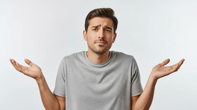 Confused man shrugging in gray tshirt expresses uncertainty in overcast setting