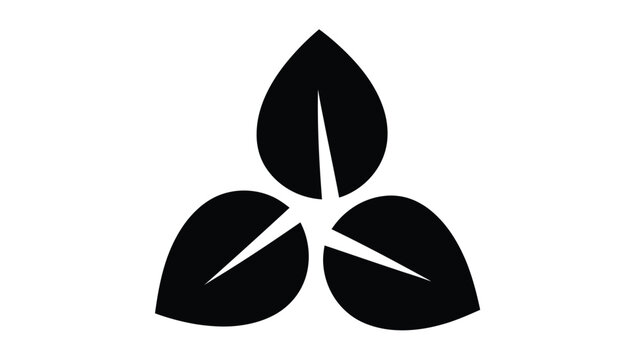 A minimalist design featuring three black leaves arranged in a triangular formation on white background