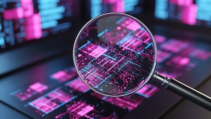 Magnifying glass over pink and blue circuit board with pink and blue screens in background