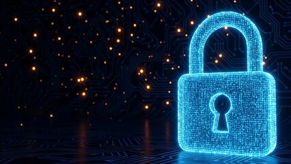 Digital padlock glowing blue on dark circuit board background with golden lights