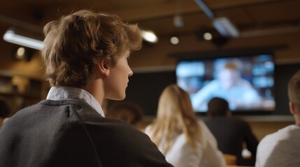 A hybrid college lecture where some students attend in person while others join via live video on a large classroom screen. cinematic color correction, natural uneven lighting yet gentle backlight,