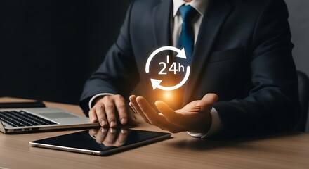 247 Customer Service Support Icon Hovering Over Business Professionals Hands.