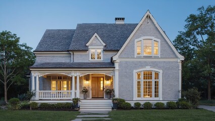 An inviting traditional shingle-style house glowing under the twilight sky