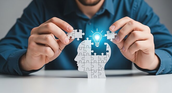 Man Assembling Puzzle Pieces Forming Human Head with Lightbulb Idea Symbol