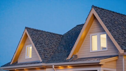 Obraz premium Residential home roofline featuring illuminated dormer windows against a blue twilight sky