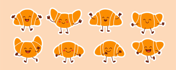 Croissant Sticker Set With Smiling Pastry Mascot Characters On Peach Background