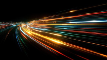 high-speed data transfer concept with glowing light trails on dark background representing high-speed internet technology and connectivity symbolized by colorful lights moving Generative AI