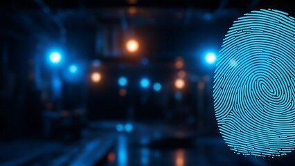Blue fingerprint on dark background with blurred lights