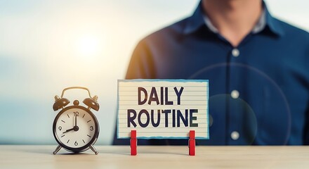 Mans Daily Routine with Alarm Clock and Sign.