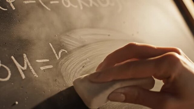 A hand erases complex mathematical equations from a chalkboard in a warm lighting setting
