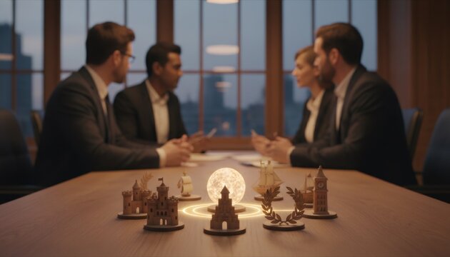 Business team meeting around illuminated global architectural models - Powered by Adobe