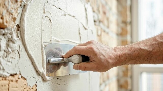 close up of a worker hand using a plastering trowel to apply fresh plaster on an interior wall during renovation work