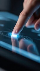 Index finger touching digital surface illustrating click action in technology concepts