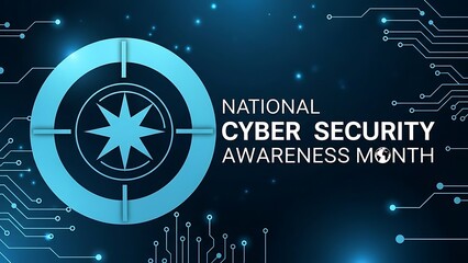 National Cyber Security Awareness Month on dark blue circuit board background with light blue accents