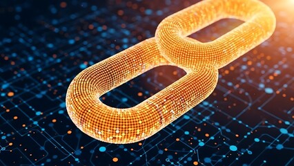 Glowing orange chain link on circuit board background with blue and orange dots blue dots