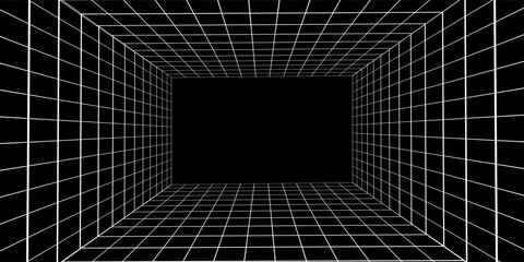 Futuristic perspective grid box. Abstract wireframe with white grid line on black background. Virtual reality landscape in 80s 90s digital style. Vector