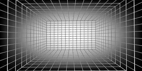Futuristic perspective grid box. Abstract wireframe with white grid line on black background. Virtual reality landscape in 80s 90s digital style. Vector