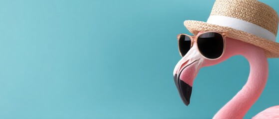 close-up, concept summer background for banner flyer, place for text. Enjoying summer vibes, a pink flamingo dons a stylish hat and sunglasses against a turquoise backdrop perfect for travel dreams