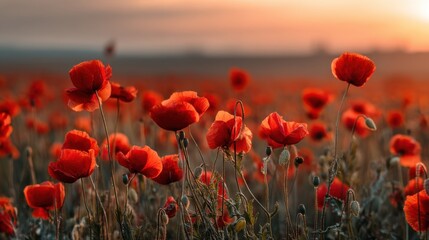 Obraz premium A field full of red flowers stands tall as the sun sets in the background. The warm light highlights the blooms while shadows create depth among the plants.