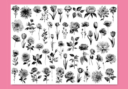 Vector watercolor painted style - flowers clipart with stipple noise texture effect