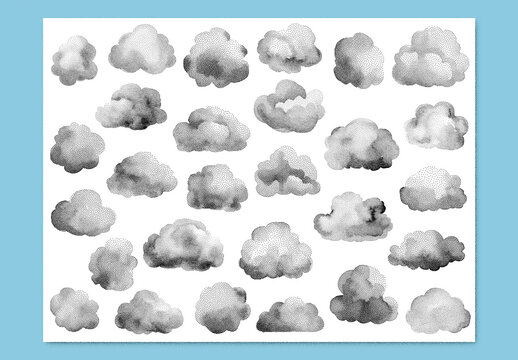 Vector watercolor painted style - clouds clipart with stipple noise texture effect